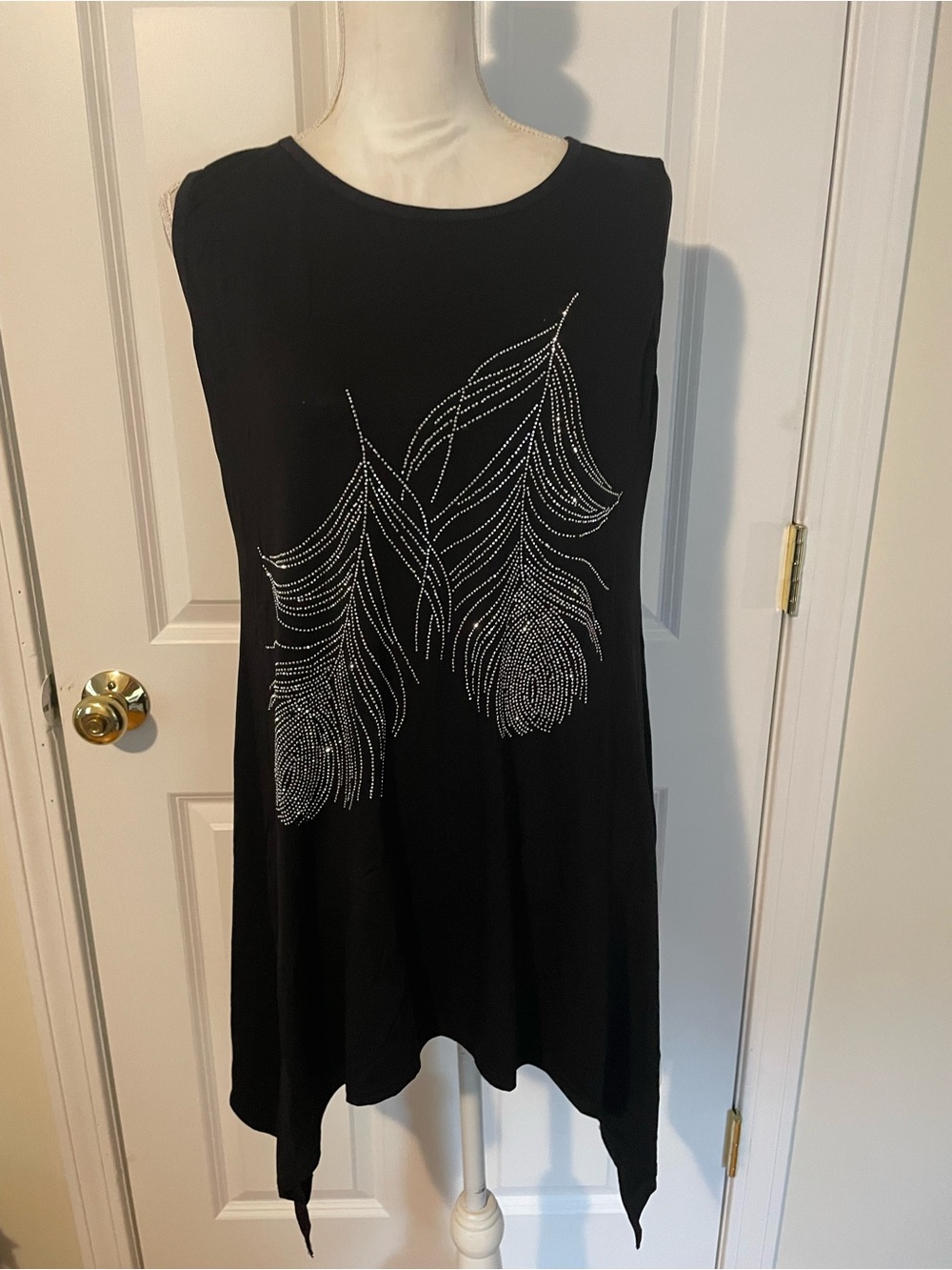 Black Asymmetrical Sleeveless Dress or long top with Silver Feather Detail
